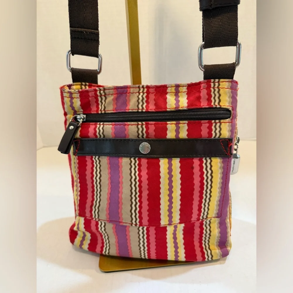 FRANCO SARTO Crossbody Purse Pink Multicolor‎ Brown Trim Multiple Pockets Nylon